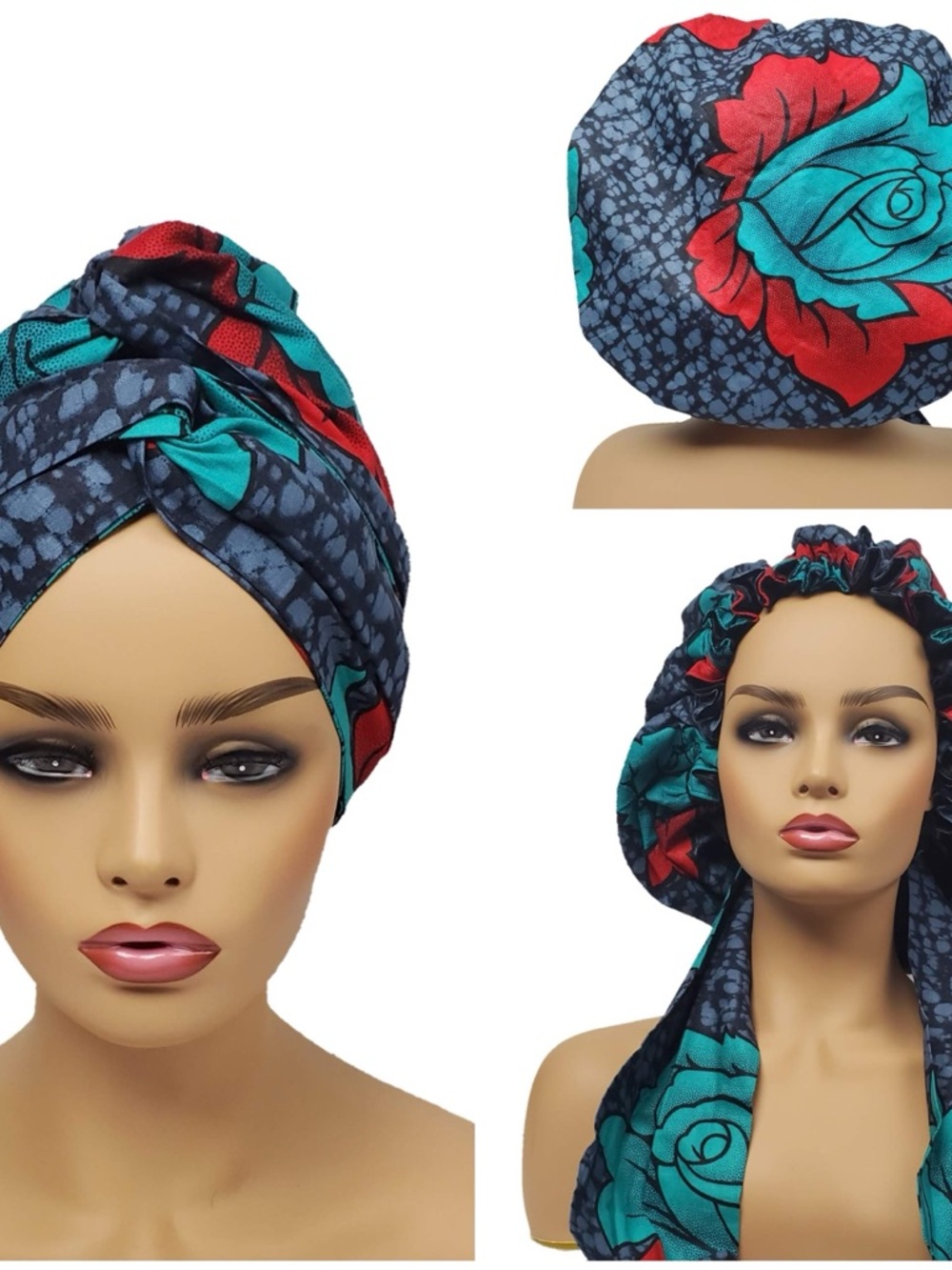 Turquoise & Red Floral Satin-Lined Headwrap and Bonnet Set